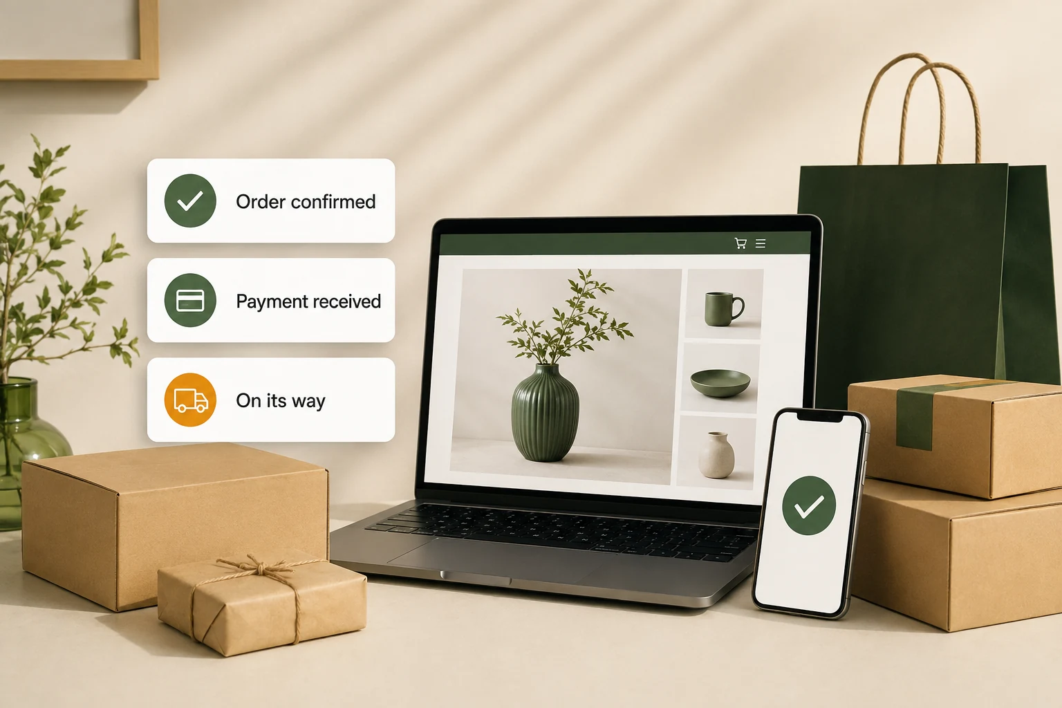 Ecommerce objects and automated notification workflow illustration
